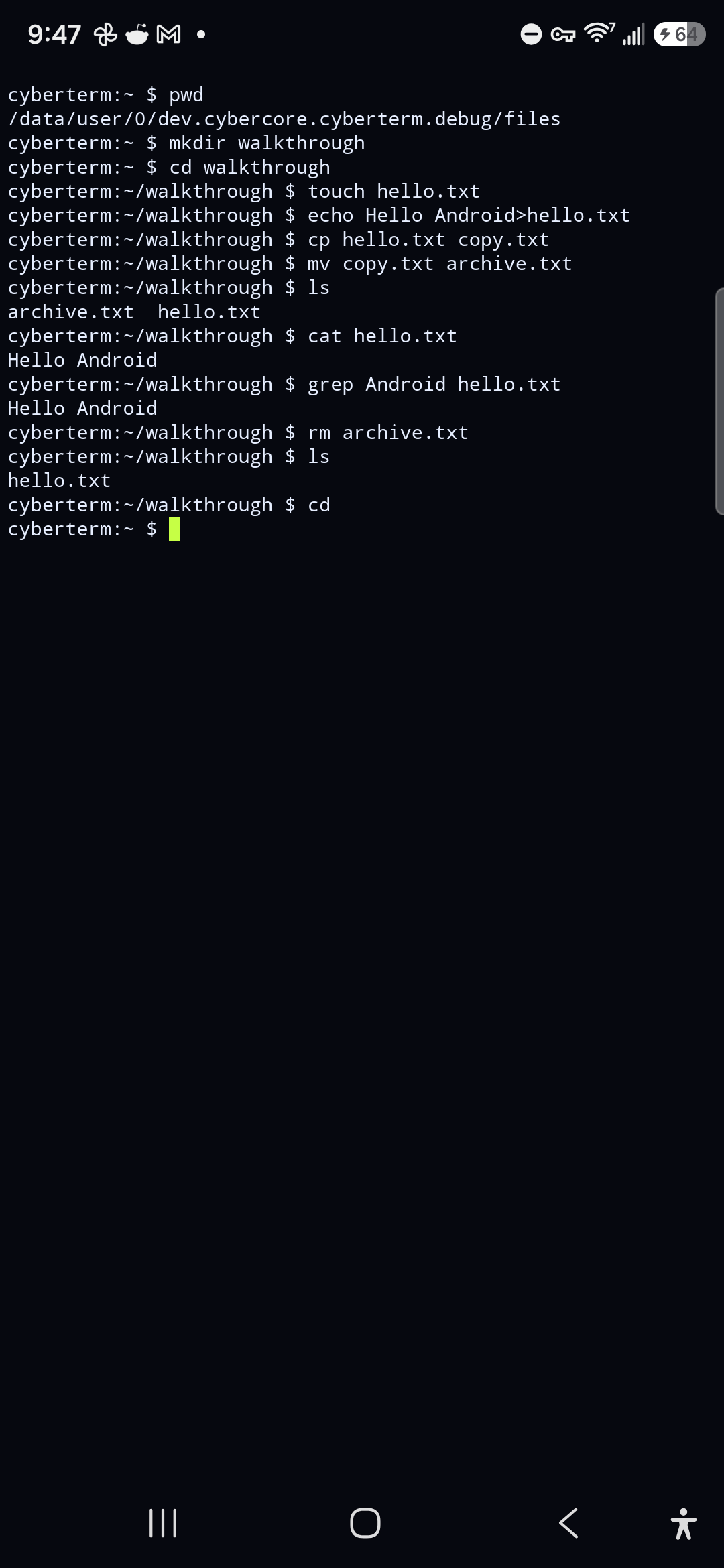Cyberterm running Android shell commands in its home directory, including mkdir, touch, cp, mv, ls, cat, grep, and rm