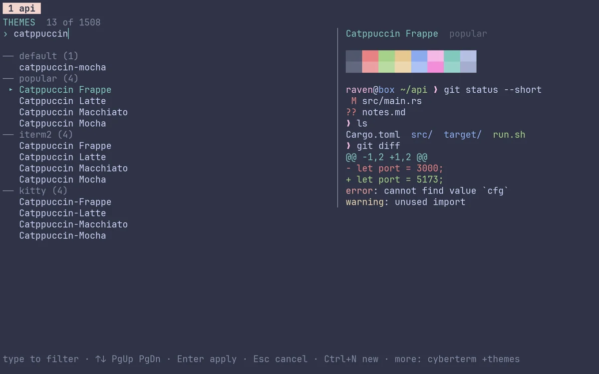 The theme picker filtered to catppuccin: 13 of 1,508 themes grouped by collection, with a live preview of Catppuccin Frappe