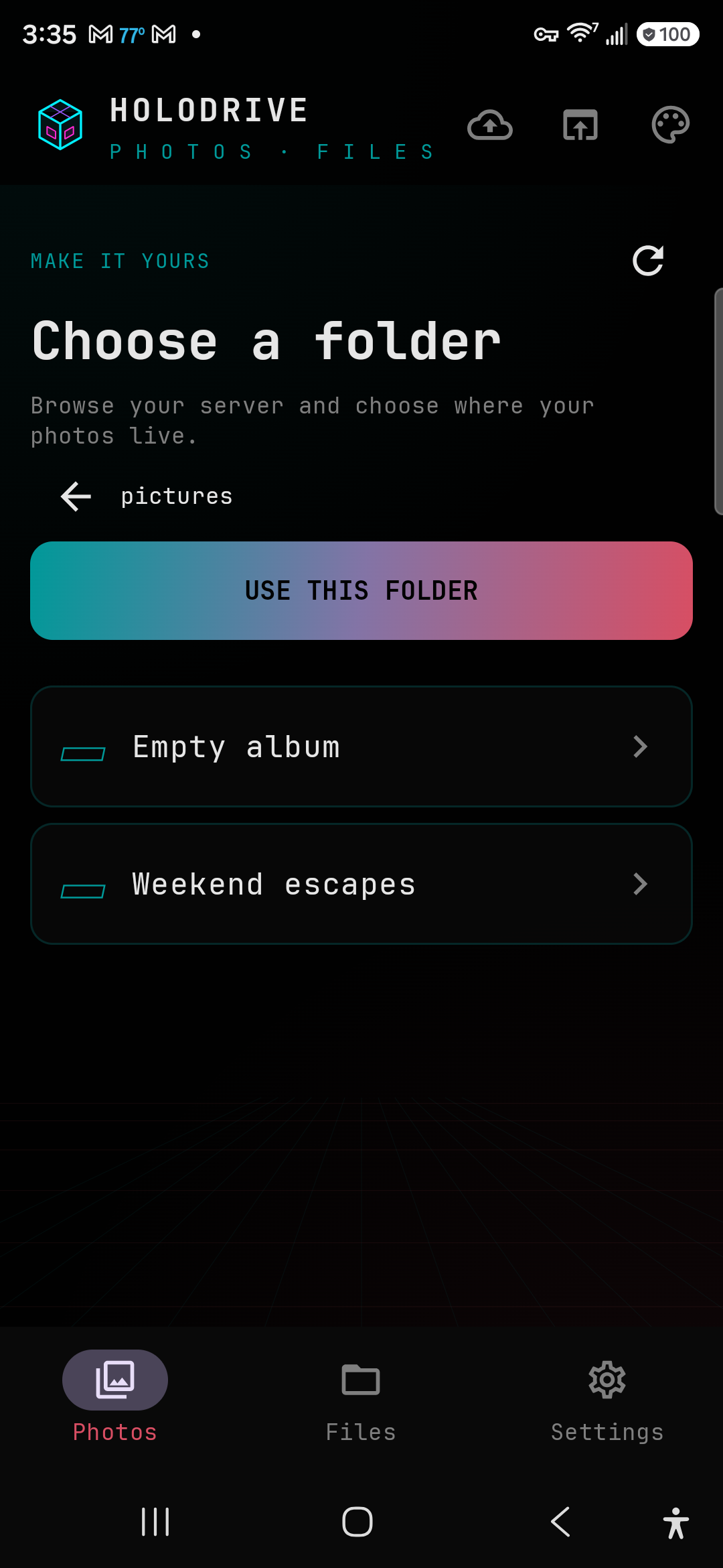 Android capture of the Holodrive photo folder picker with sample albums