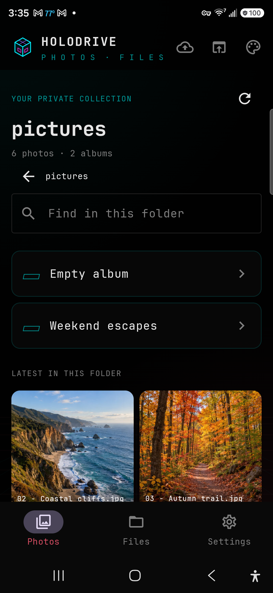 Real Holodrive Photos screen captured on Android, showing generated sample travel photos