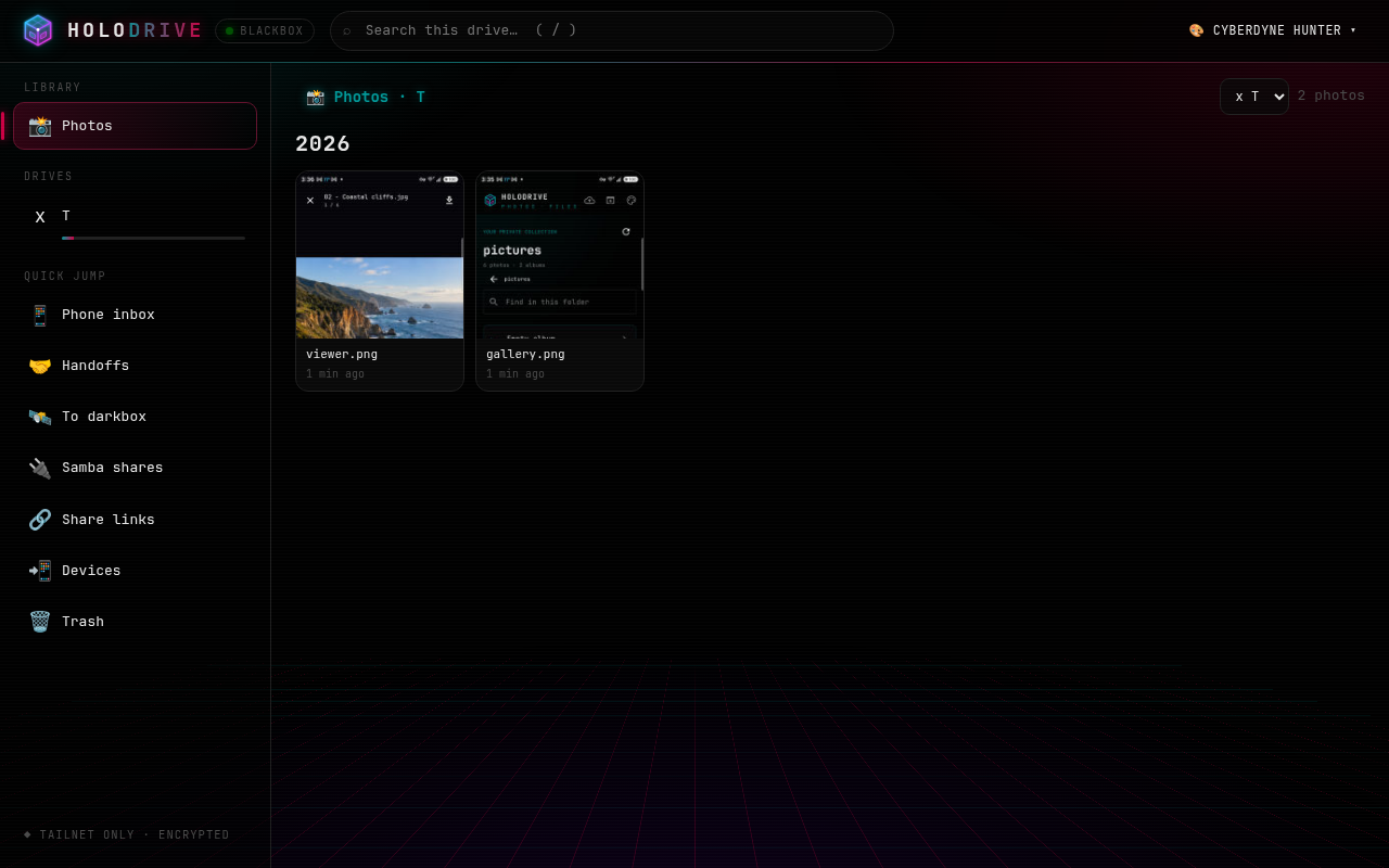 Holodrive Photos library with year-grouped image thumbnails